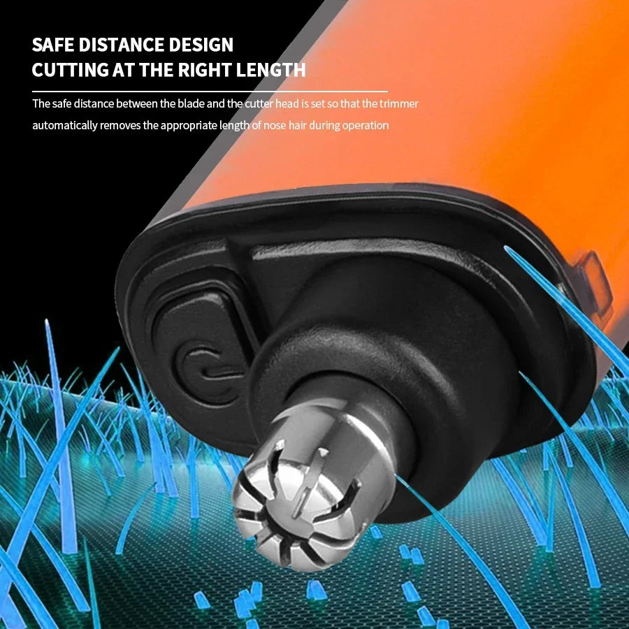 Close-up of 2-in-1 electric ear and nose hair trimmer showing safe distance blade design for precise grooming