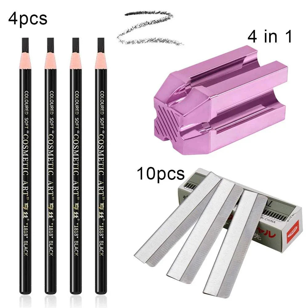Eyebrow Pencil & Trimmer Set with 4 black pencils, purple sharpener, and 10 precision trimmer blades for grooming and shaping brows.