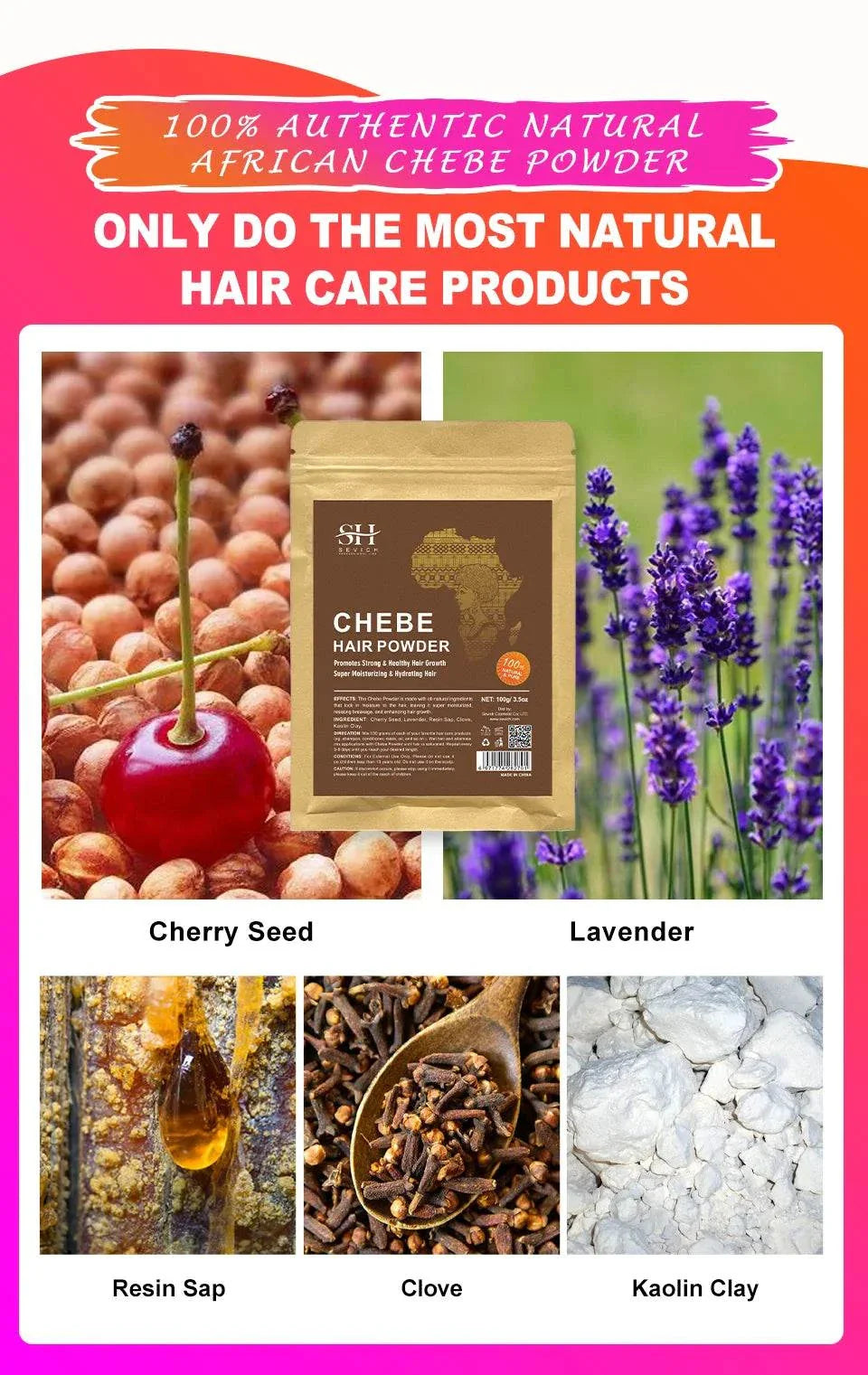 African Crazy Chebe Hair Oil with natural ingredients including cherry seed, lavender, resin sap, clove, and kaolin clay for fast hair growth and scalp nourishment.