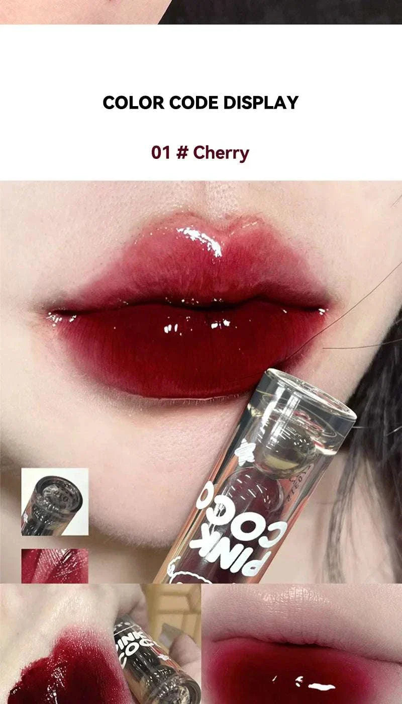 PINKCOCO Bear Doodle Mirror Lip Glaze in Cherry shade with glossy, hydrating, mirror-like finish on lips.