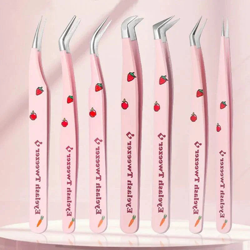 Set of six pink false eyelash tweezers with various precision tips and cute fruit designs for professional lash application.
