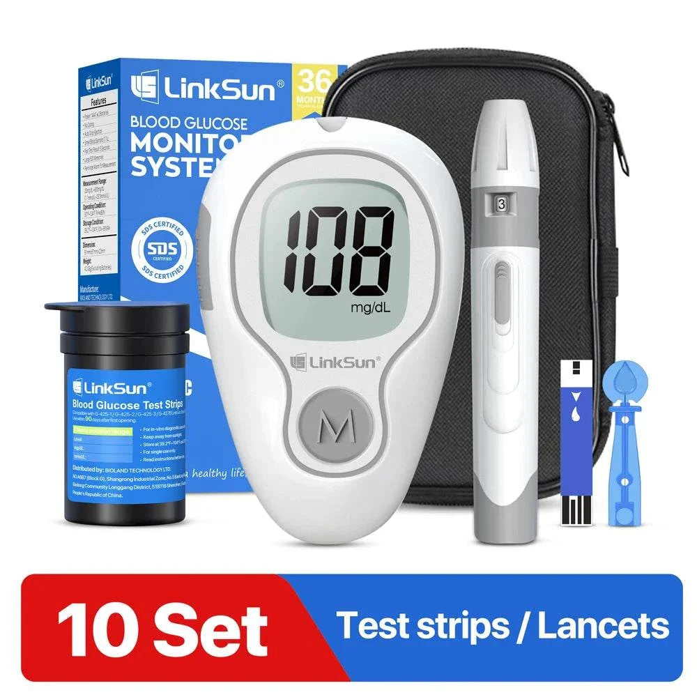 LinkSun Blood Glucose Meter kit with glucose meter, test strips, lancets, and carrying case for accurate and fast blood sugar monitoring