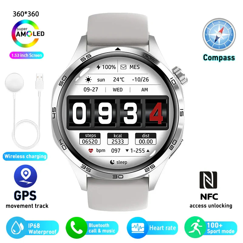 HUAWEI GT5 Pro Smartwatch with 360x360 AMOLED display, GPS, NFC, heart rate monitor, Bluetooth calling, IP68 waterproof, wireless charging, and 100+ sport modes