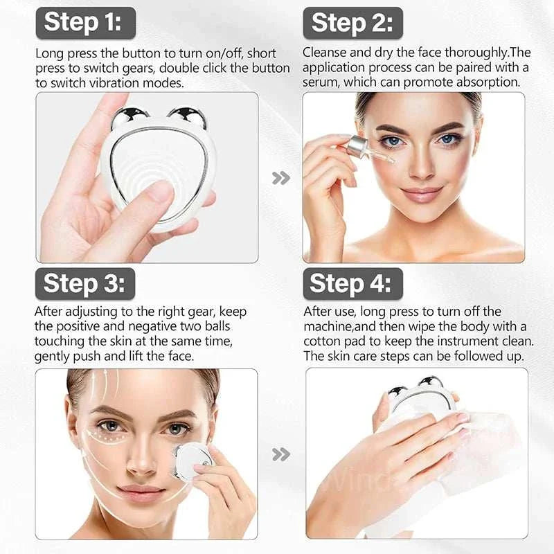 Step-by-step use of EMS Face Lifting Machine with microcurrent rollers for skin tightening and anti-wrinkle treatment