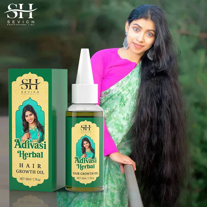 Ayurvedic Hair Growth Oil bottle and packaging with woman showcasing long, thick hair outdoors