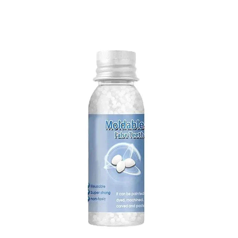 Bottle of resin tooth repair glue beads for moldable false teeth fixes and temporary dental repairs