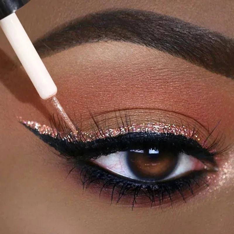 Close-up of eye applying diamond shiny eye liner and eyeshadow in rose gold shimmer