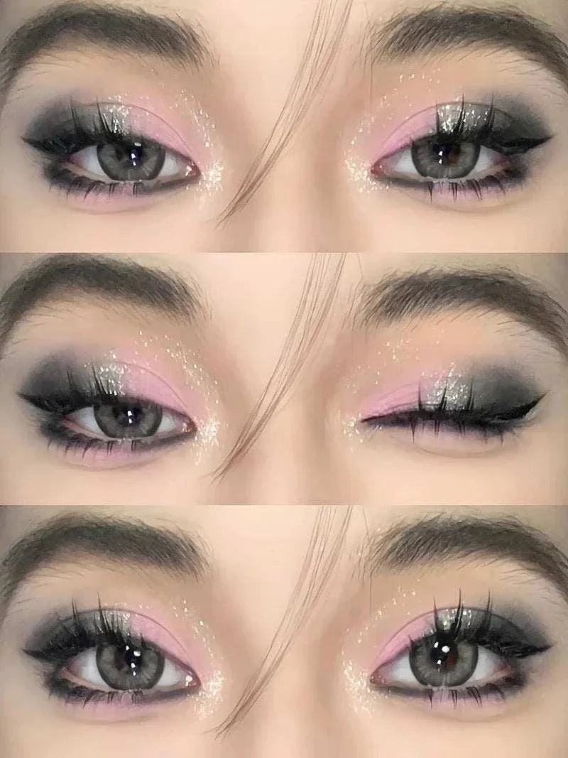 Close-up of eyes showcasing Black Pink Smoky Eye shadow makeup with blended black and pink shades and glitter accents