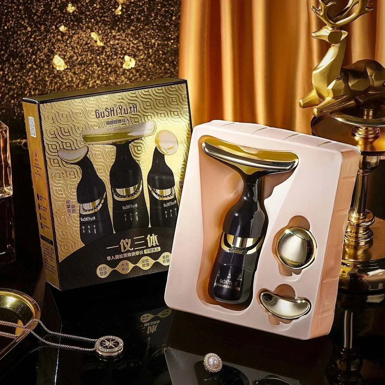 3-in-1 Facial Lifting Device set with neck, facial, and eye massage tools in black and gold packaging for skin rejuvenation and firming