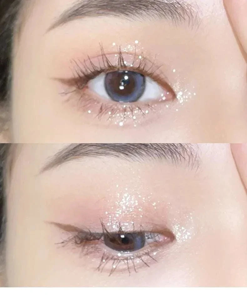 Close-up of eye makeup featuring diamond glitter monochrome eyeshadow with shimmering sparkles on eyelid and under eye.