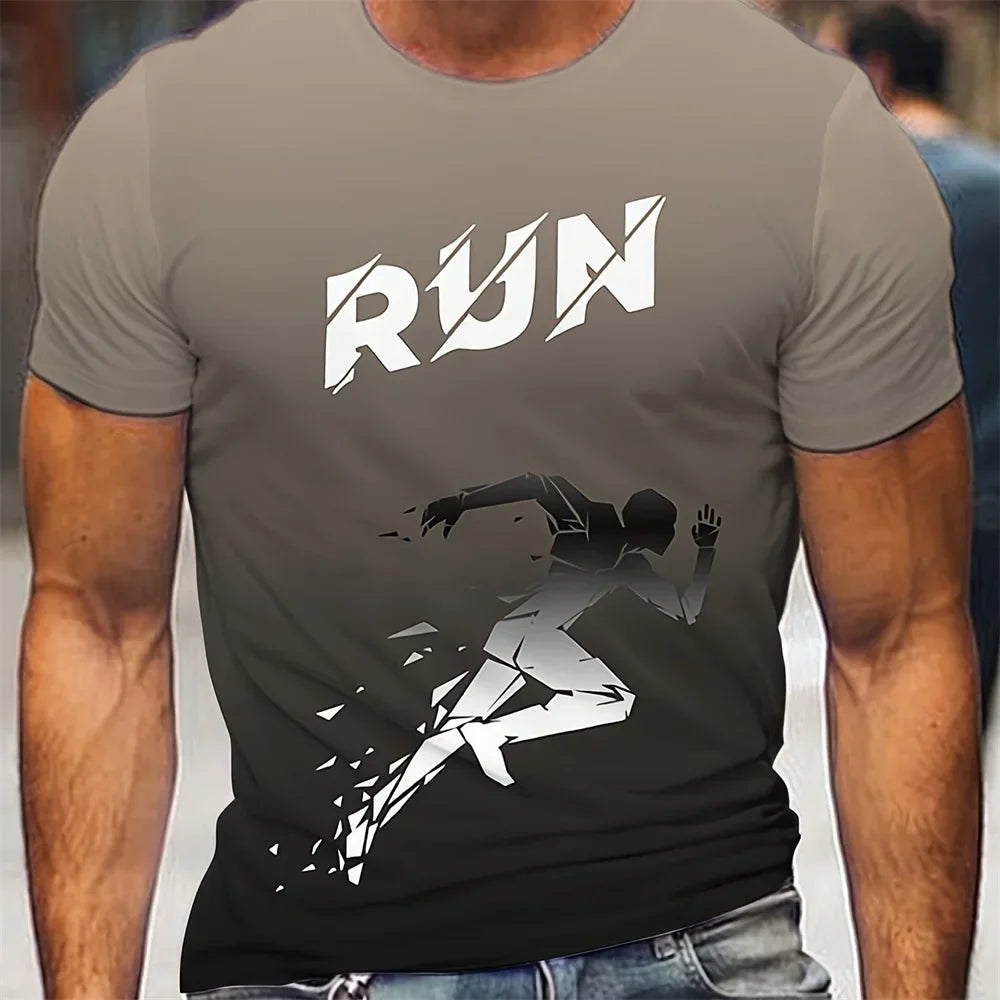 Men's Running Pattern Print sports t-shirt with bold runner graphic and "RUN" text, lightweight breathable fabric, oversized fit for summer workouts and casual wear