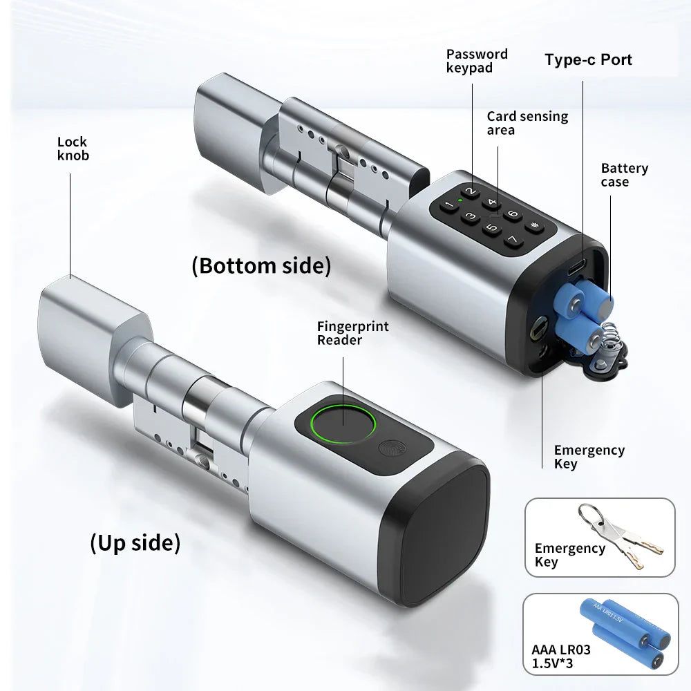 AYKUBE V1 Smart Cylinder Lock with fingerprint reader, password keypad, IC card sensing, Type-C port, and emergency key access.