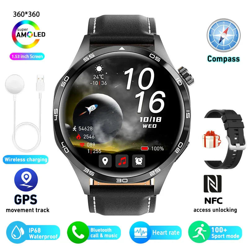 HUAWEI GT5 Pro Smartwatch with 360x360 AMOLED display, GPS, NFC, Bluetooth calling, heart rate monitoring, IP67 waterproof, fitness tracking, and wireless charging.