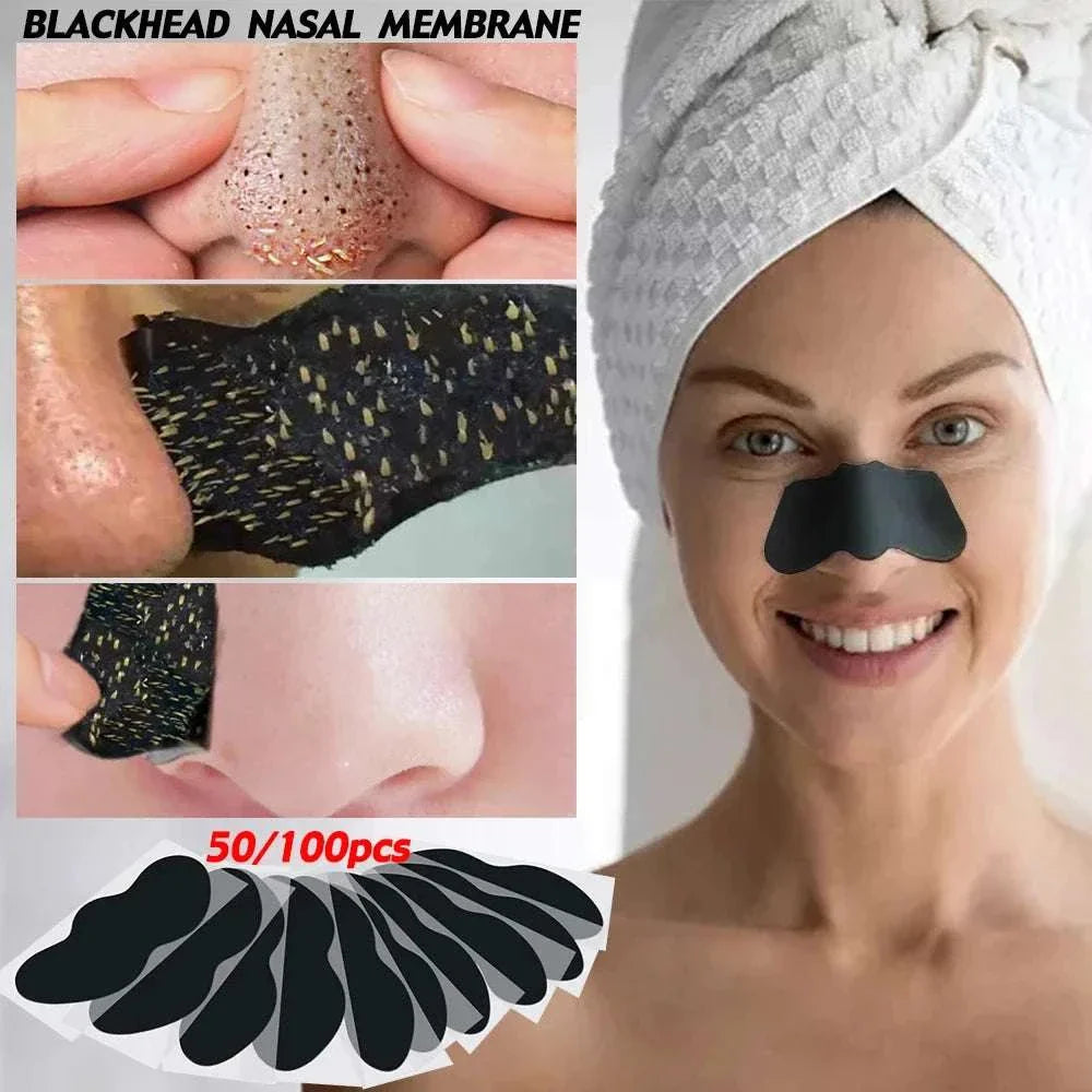 Woman with bamboo charcoal nasal strip on nose and close-up of blackhead removal using the strips, pack of multiple black nose strips displayed