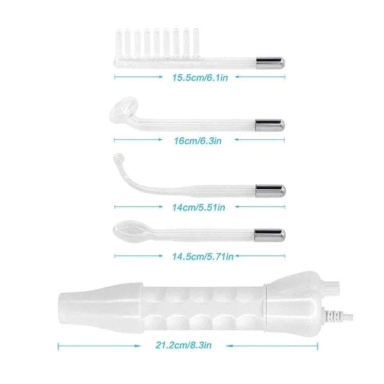 4-in-1 Handheld Electric Facial Therapy Wand with four interchangeable electrodes for acne treatment, wrinkle reduction, scalp stimulation, and skin rejuvenation, portable design with dimensions shown.