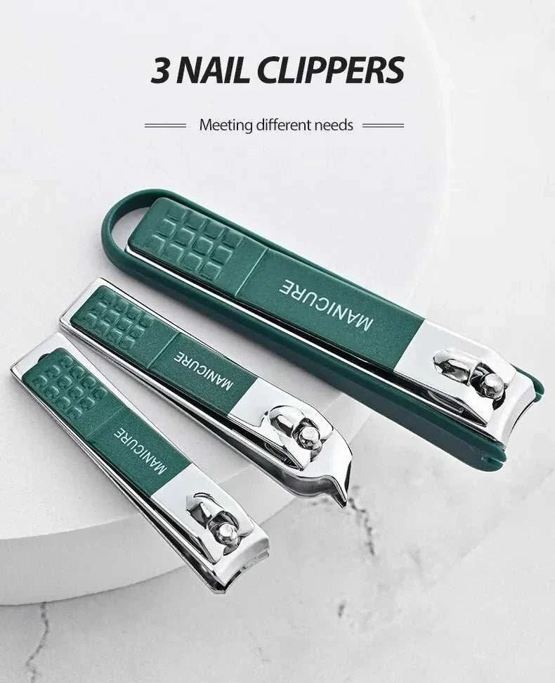 Set of three green and silver stainless steel nail clippers with ergonomic grips for precise nail trimming
