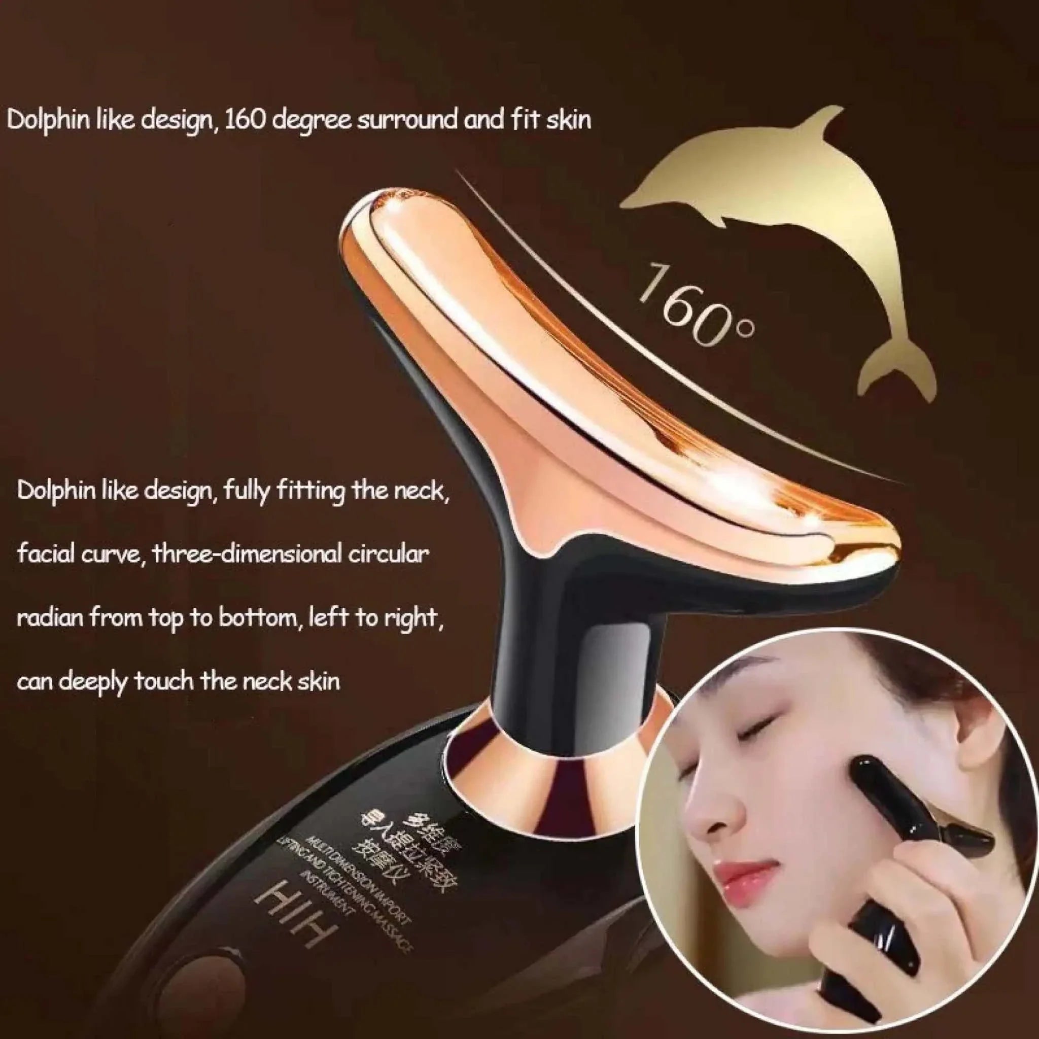 3-in-1 Face Massager with dolphin-shaped design for facial, eye, and neck massage using microcurrent technology, ergonomic and USB rechargeable.