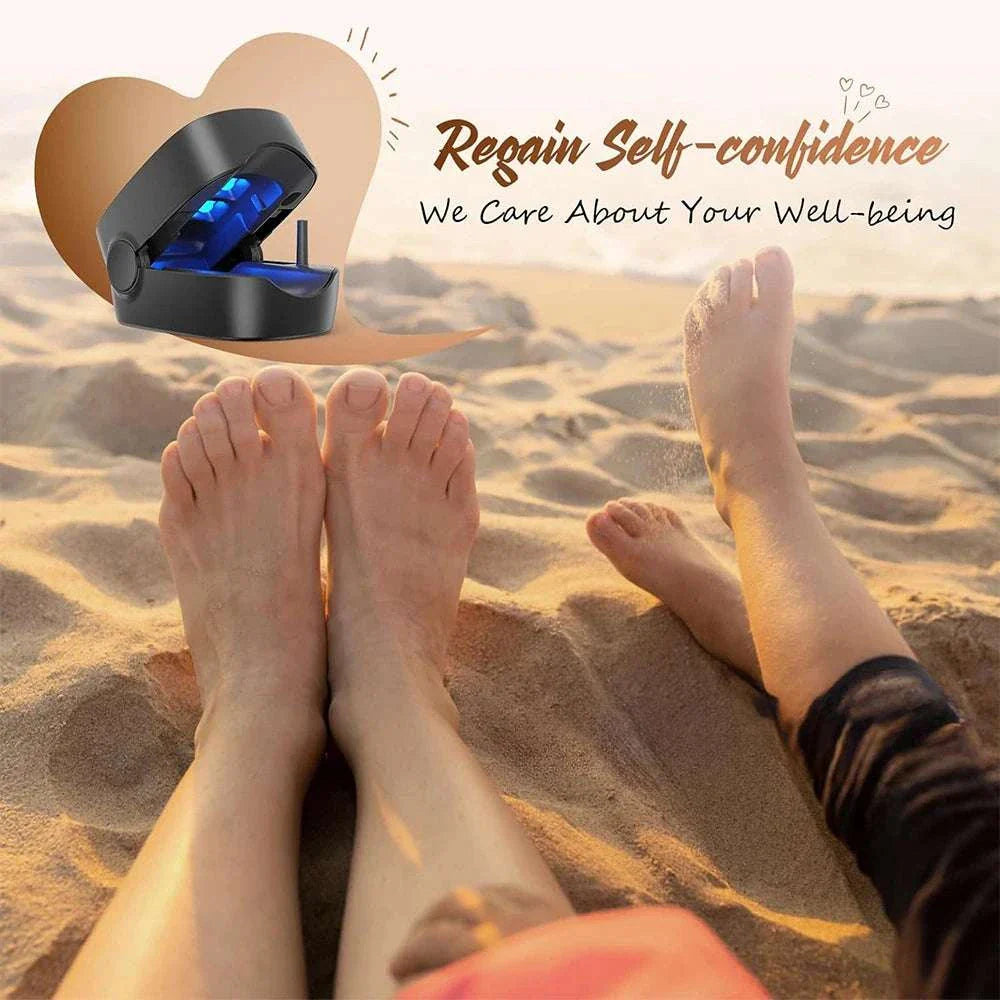 Portable nail care device for fungal treatment and nail repair shown with bare feet on sand background