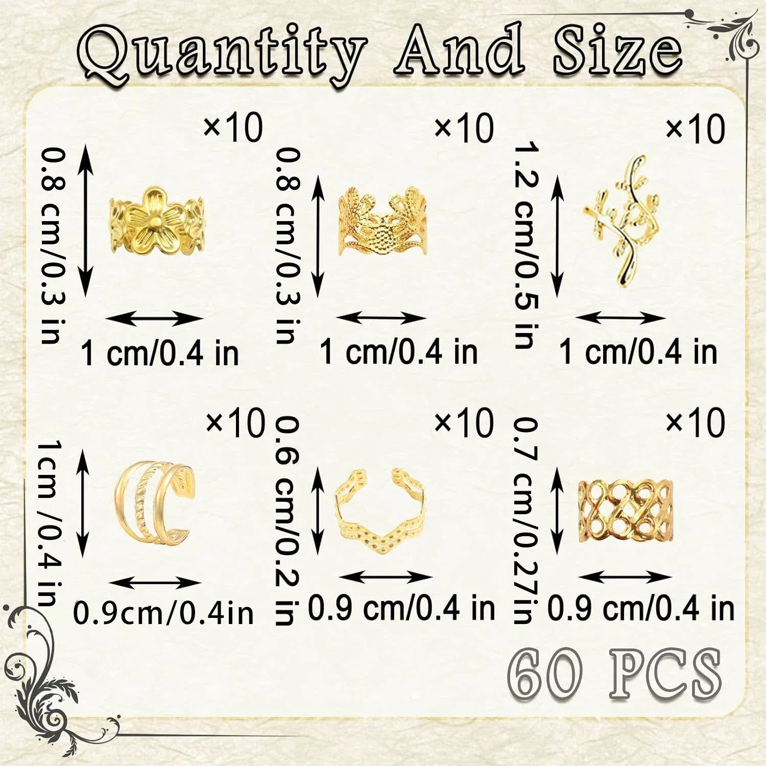 60PCS gold hair jewelry for braids and locs with assorted clip, cuff, and ring designs