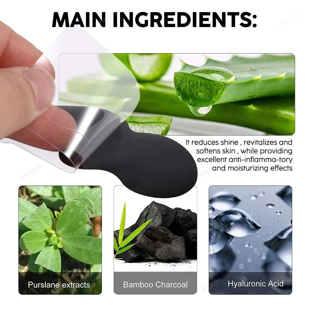 Bamboo charcoal nasal strips highlighting natural ingredients like aloe vera, purslane extracts, and hyaluronic acid for shine reduction and skin revitalization.