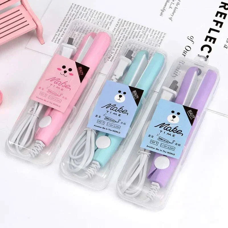 Compact portable mini flat irons in pink, blue, and purple for travel hair styling