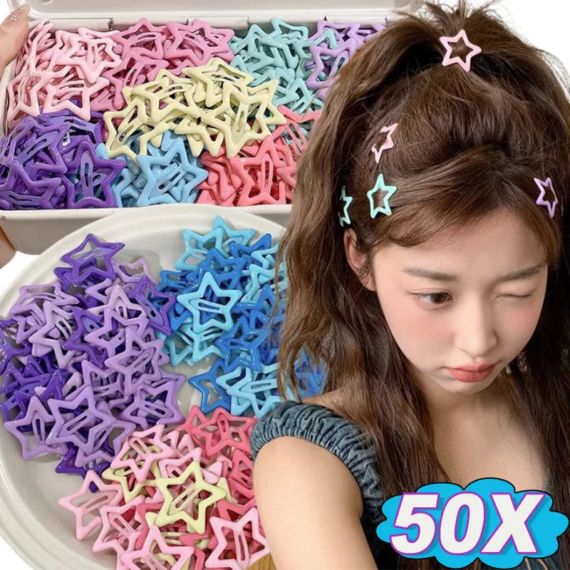 Colorful kawaii star barrettes in pastel shades clipped in girl's hair and displayed in trays