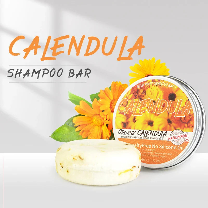 Calendula Plant Shampoo bar with organic calendula flower and eco-friendly packaging for oil control and scalp purification