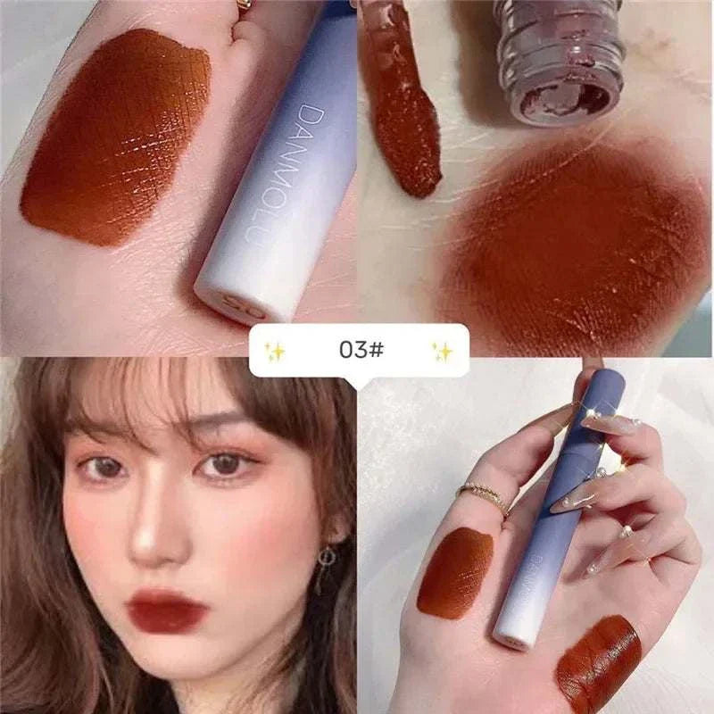 Matte Lipstick Set swatch and application showing rich, long-lasting brown shade with velvety finish