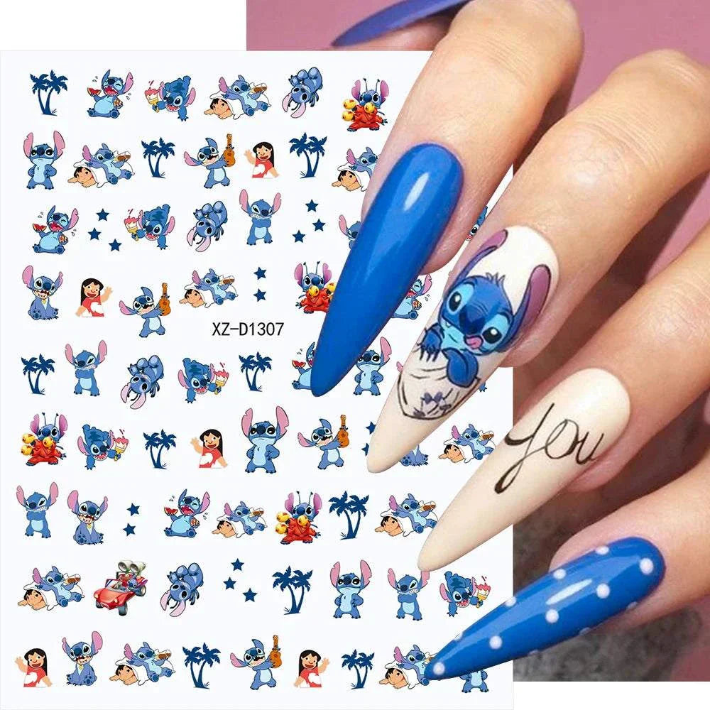 Cartoon Mini Stitch angel nail stickers on long blue and white nails with playful designs and polka dots