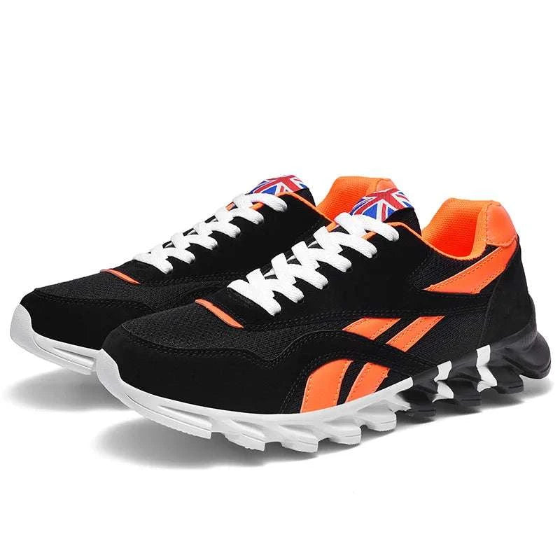 2025 new men's and women's running shoes in black with orange accents, breathable mesh upper, cushioned insole, and anti-slip white sole