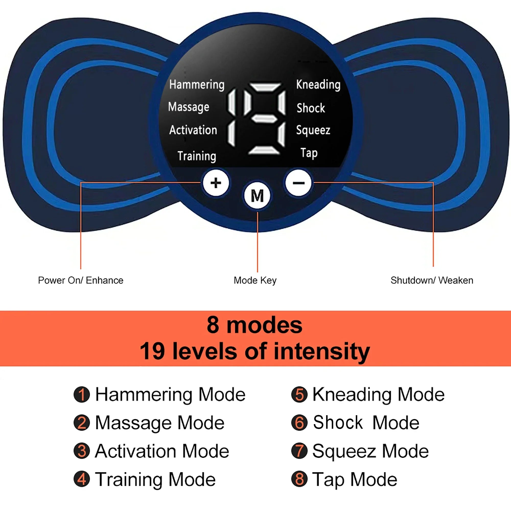 Mini electric neck massager with 8 modes and 19 intensity levels for deep tissue stimulation and heat therapy.