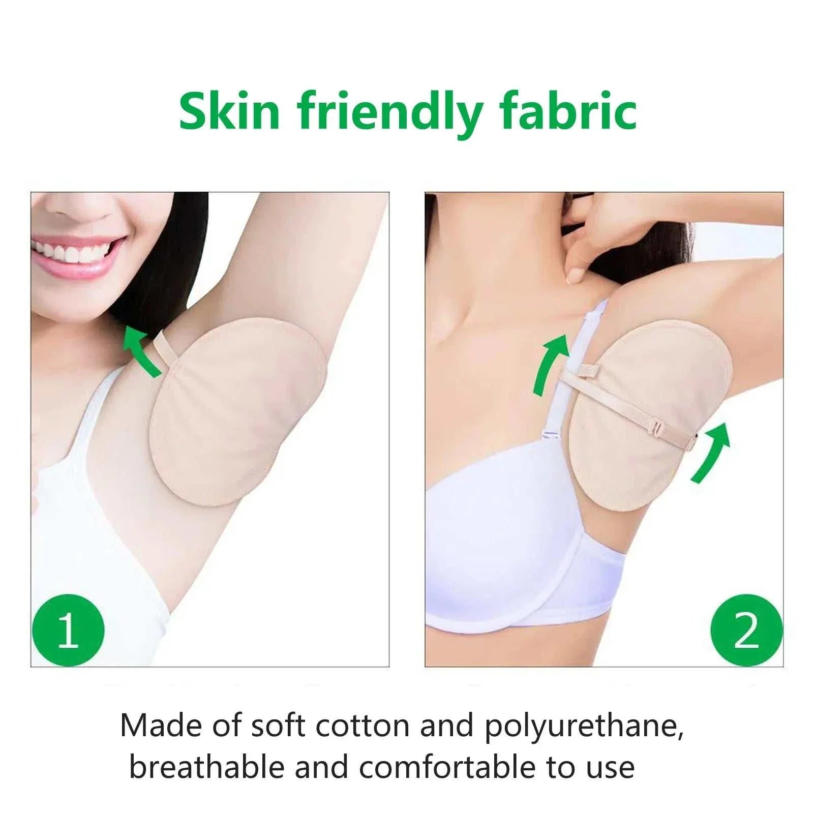 Reusable cotton underarm sweat pads made of soft, breathable, and skin-friendly fabric with adjustable straps for comfortable daily wear.