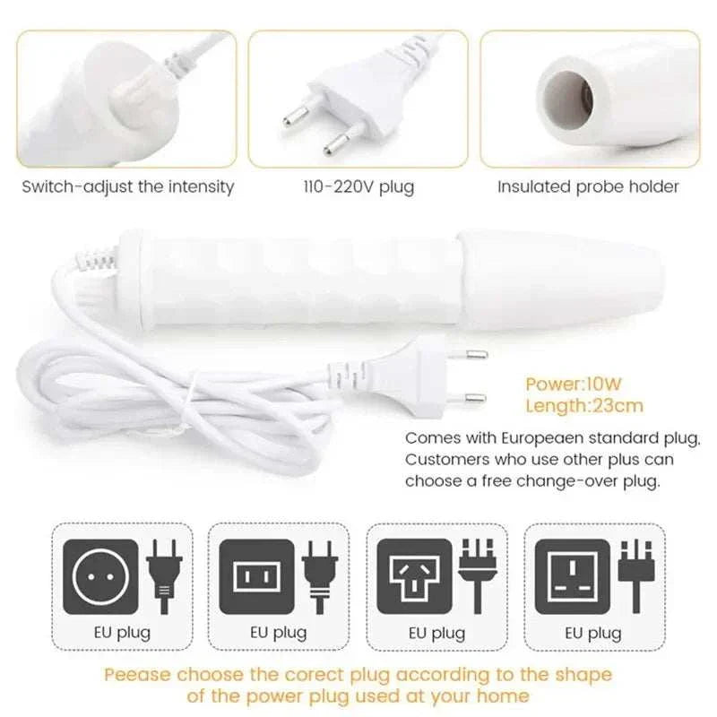 4-in-1 Handheld Electric Facial Therapy Wand with adjustable intensity, insulated probe holder, and European standard power plug for portable skincare treatments