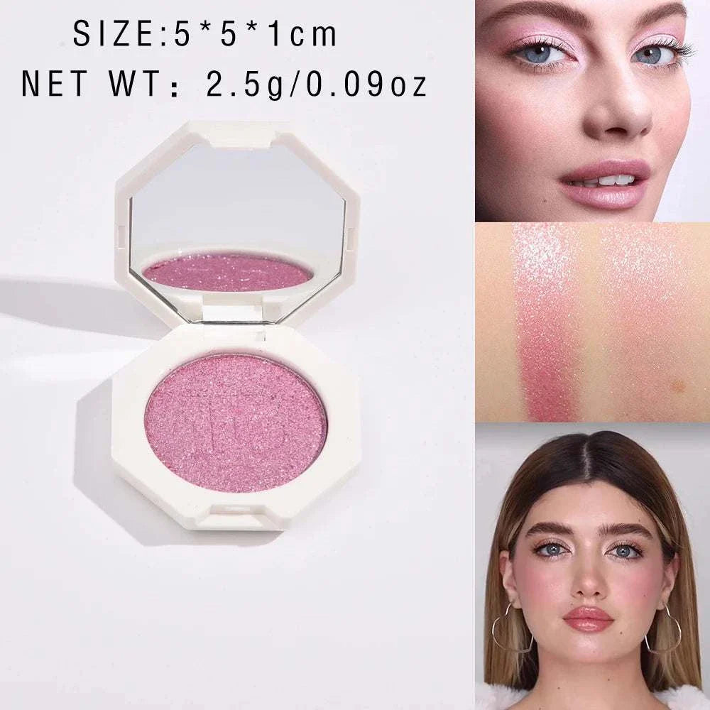 Compact face and body shimmering highlighter in 3D pink with smooth, blendable texture and radiant glow shown on models