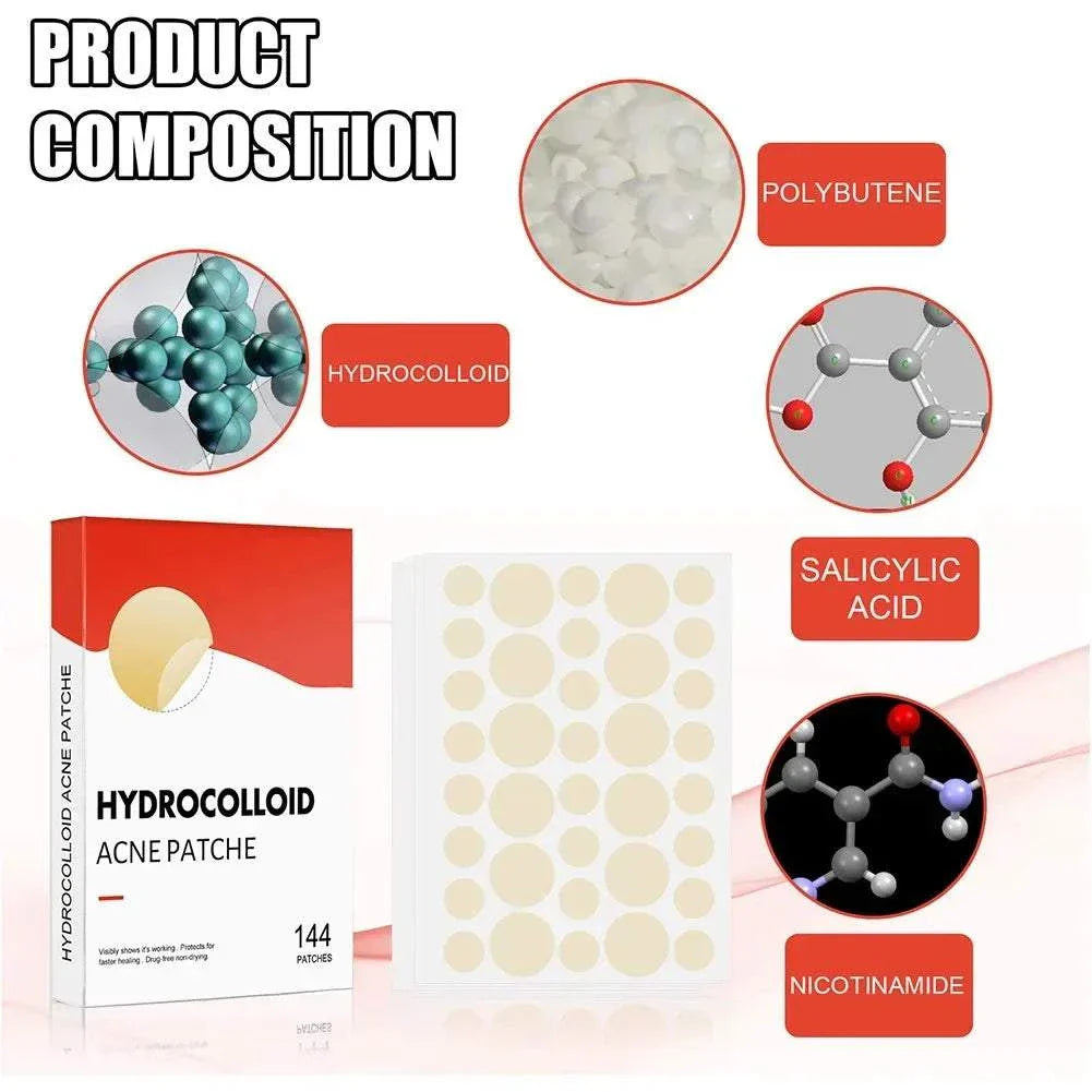 High-end acne patches with hydrocolloid, salicylic acid, polytubene, and nicotinamide for professional healing and spot treatment.