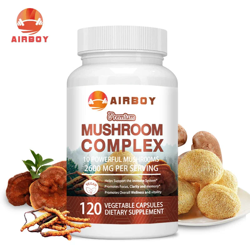 Bottle of Airboy Premium Mushroom Complex Capsules dietary supplement with 120 vegetable capsules, featuring 10 powerful mushrooms including Lions Mane, Chaga, and Reishi, promoting brain health, immune support, energy, and overall wellness.