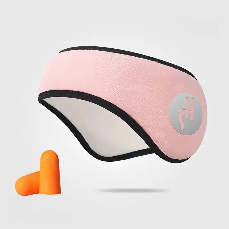 pink adjustable eye mask with black trim and orange noise-reducing sleep earplugs set