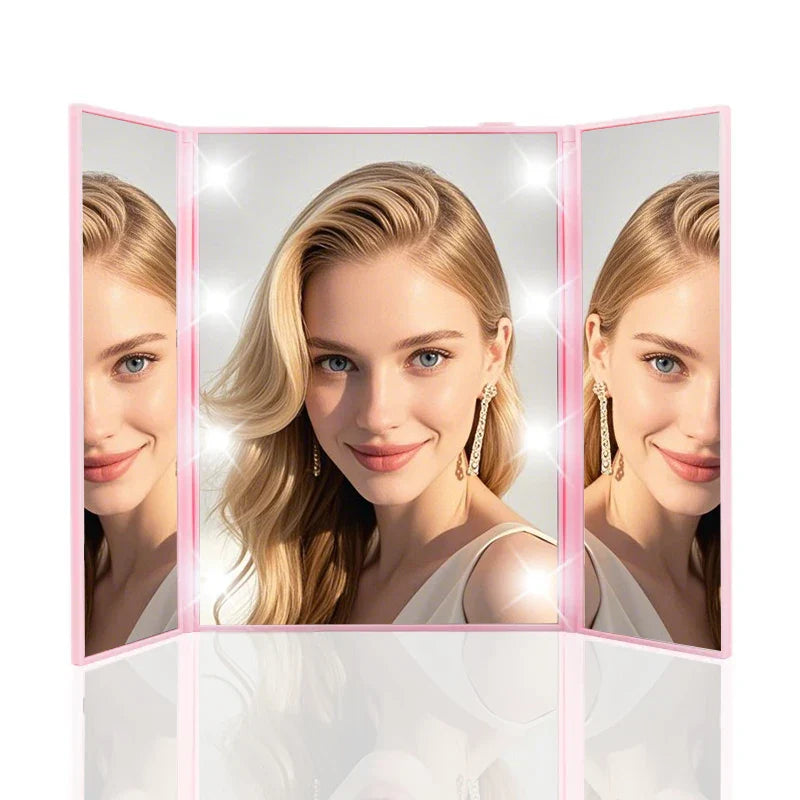 Three-sided portable LED makeup mirror with bright lights and adjustable panels for flawless makeup application on the go