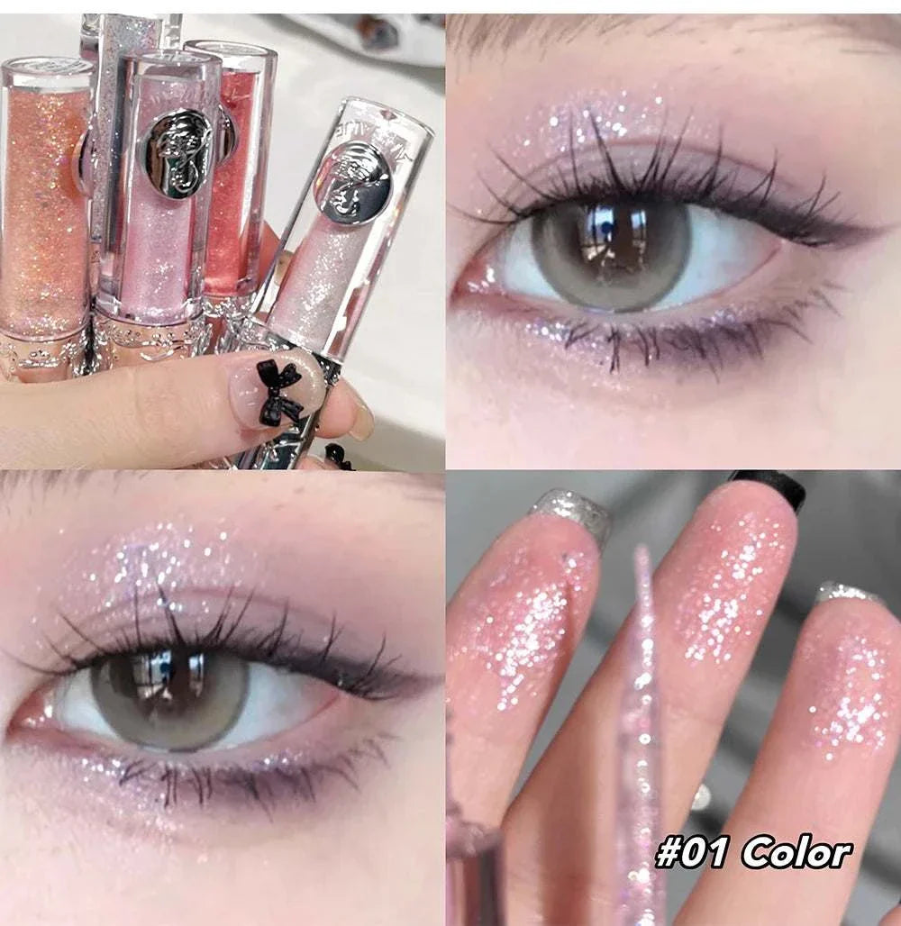 Close-up of eyes wearing Balletism Liquid Eyeshadow with fine shimmer highlight, and hand displaying shimmering liquid eyeshadow on fingertips in pink and peach shades.