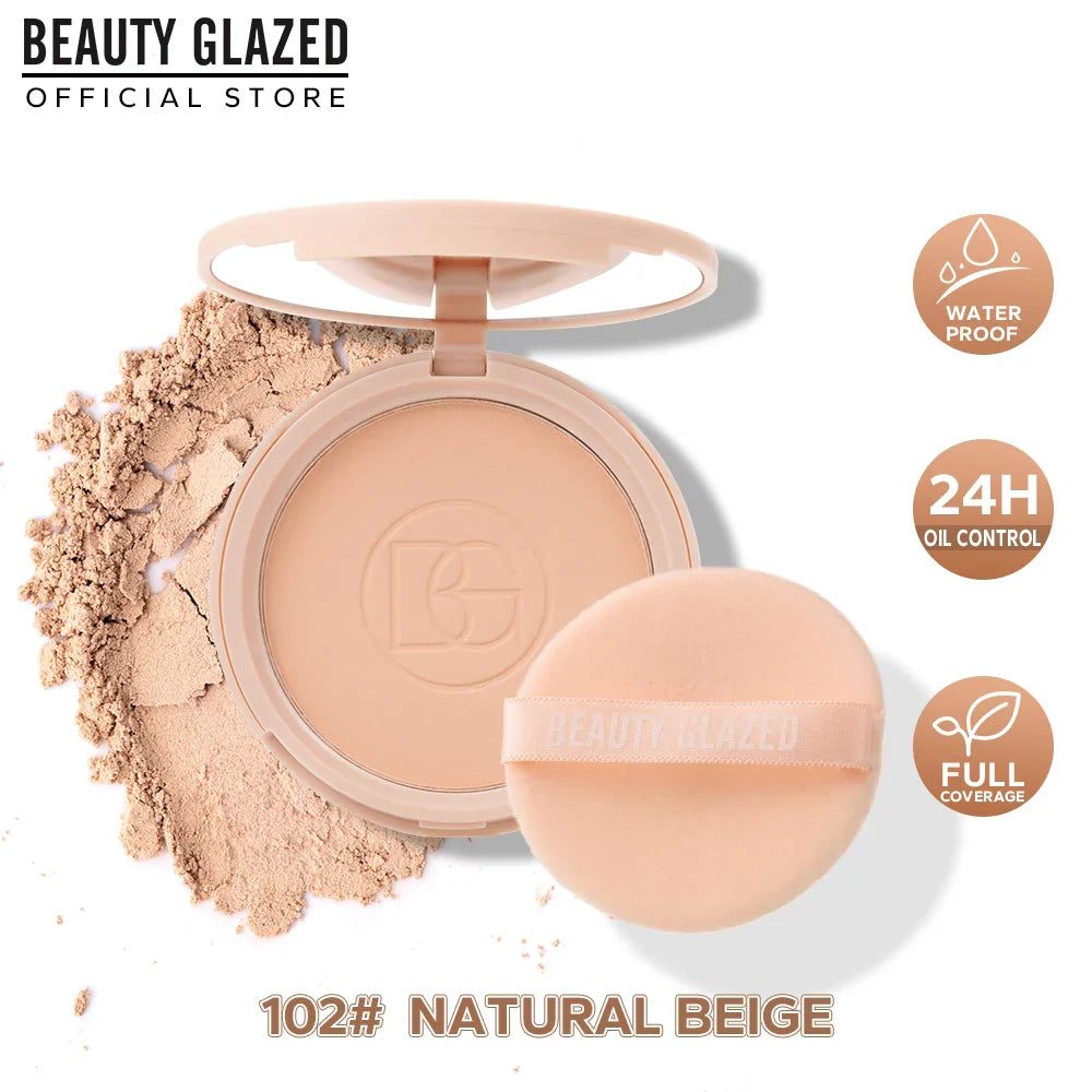 BEAUTY GLAZED Oil Control Matte Face Powder in 102# Natural Beige with waterproof, 24-hour oil control and full coverage compact including puff and mirror
