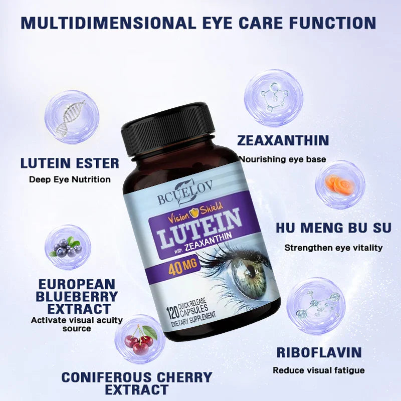 Bcuelov High Potency Lutein Capsules bottle with eye care nutrients and benefits infographic including lutein ester, zeaxanthin, blueberry extract, hu meng bu su, riboflavin, and coniferous cherry extract.