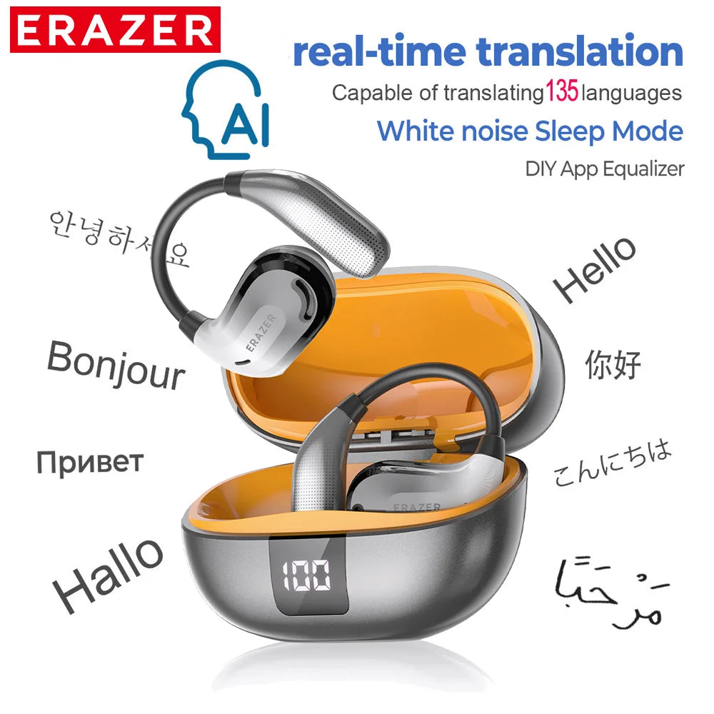 ERAZER XT66PRO Bluetooth earphones with real-time AI translation, white noise sleep mode, DIY app equalizer, and LED display charging case in metallic gray and orange