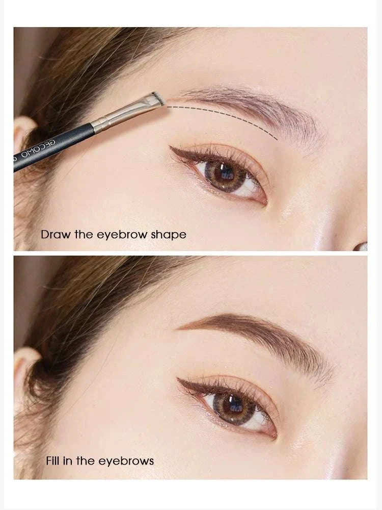 Eyeliner and eyebrow makeup brush shaping and filling for precise eye makeup application.
