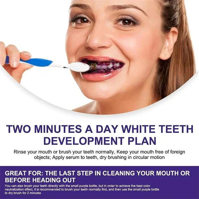Woman using 5D Teeth Whitening Stick for fast and easy teeth whitening with a two-minute daily routine.