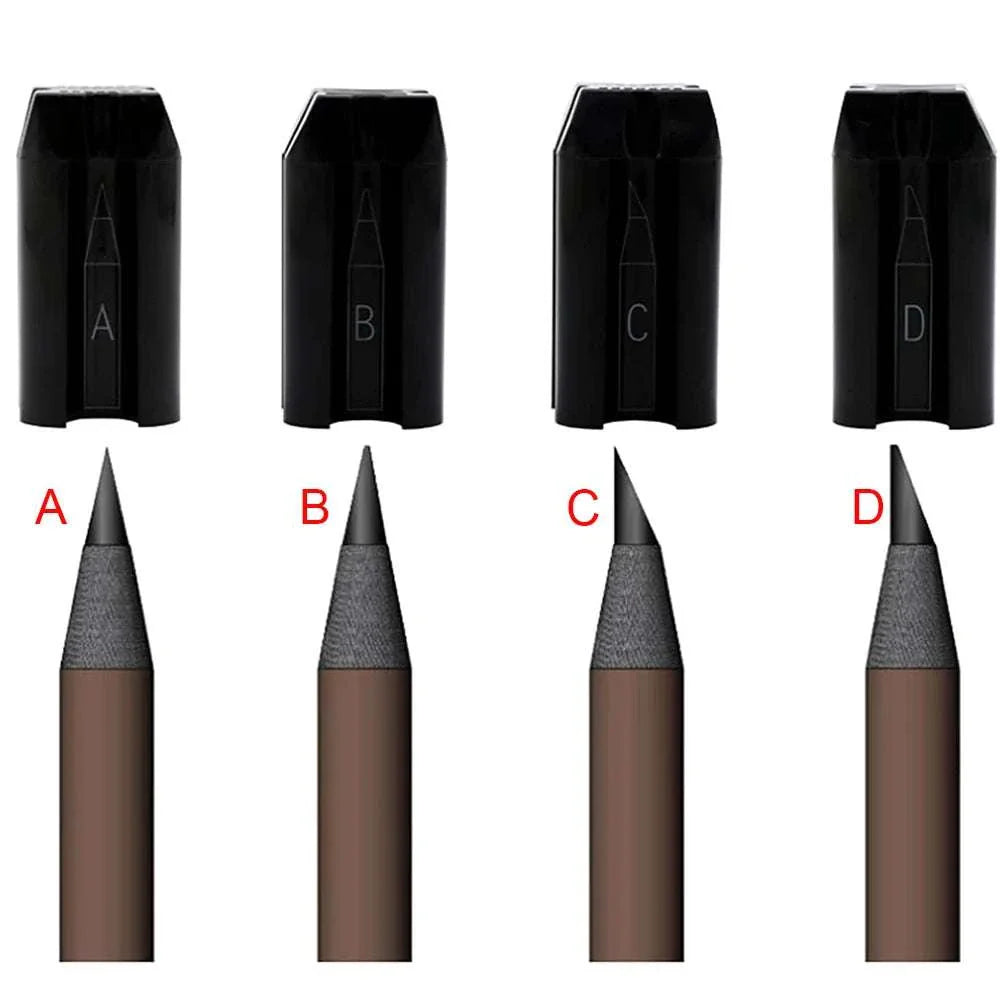 Set of four eyebrow pencils with different tip shapes labeled A to D and black protective caps for precise brow shaping and grooming.