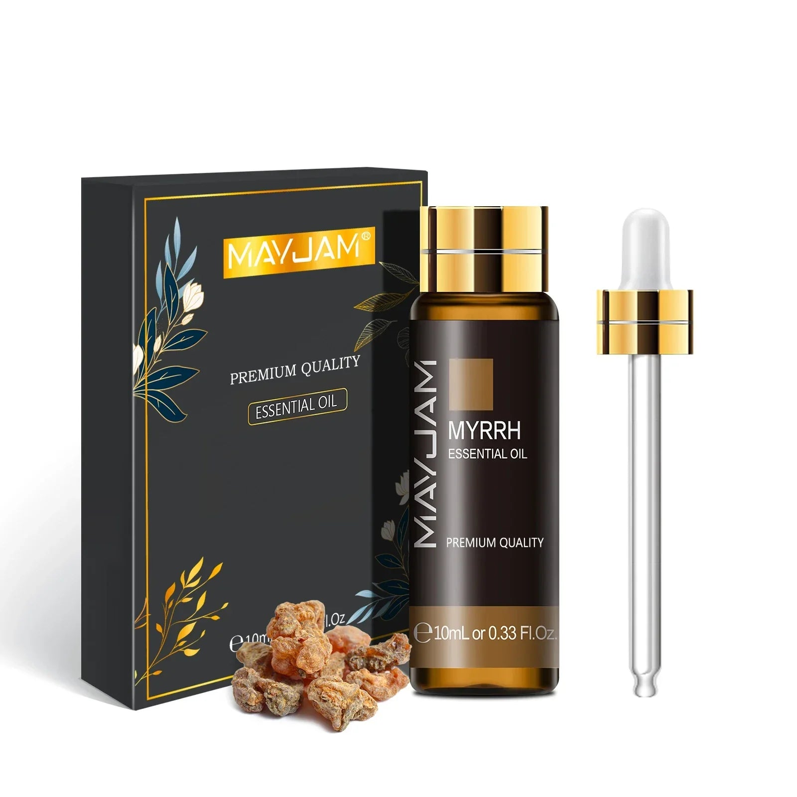 MAYJAM Myrrh Essential Oil 10ml bottle with dropper and decorative black packaging with gold accents