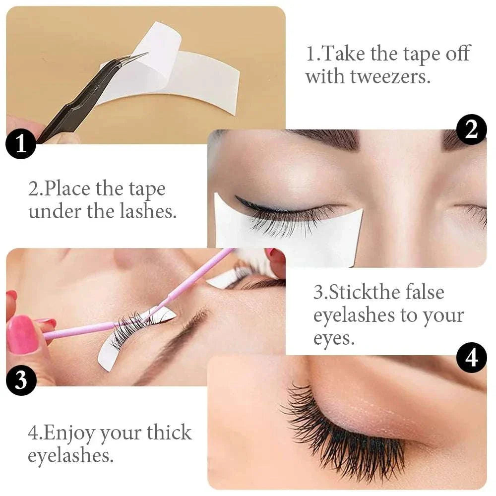 Step-by-step guide showing use of 110pcs roll eye tapes for eyelash extensions with tweezers and application under lashes