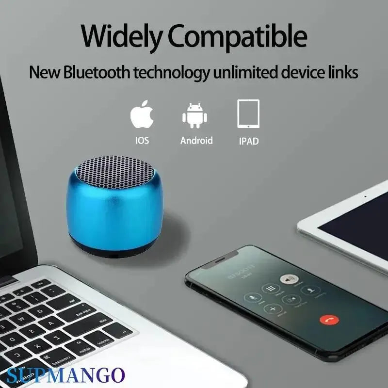 Blue M1 Portable Bluetooth Speaker next to laptop, smartphone, and tablet showing wide compatibility with iOS, Android, and iPad devices