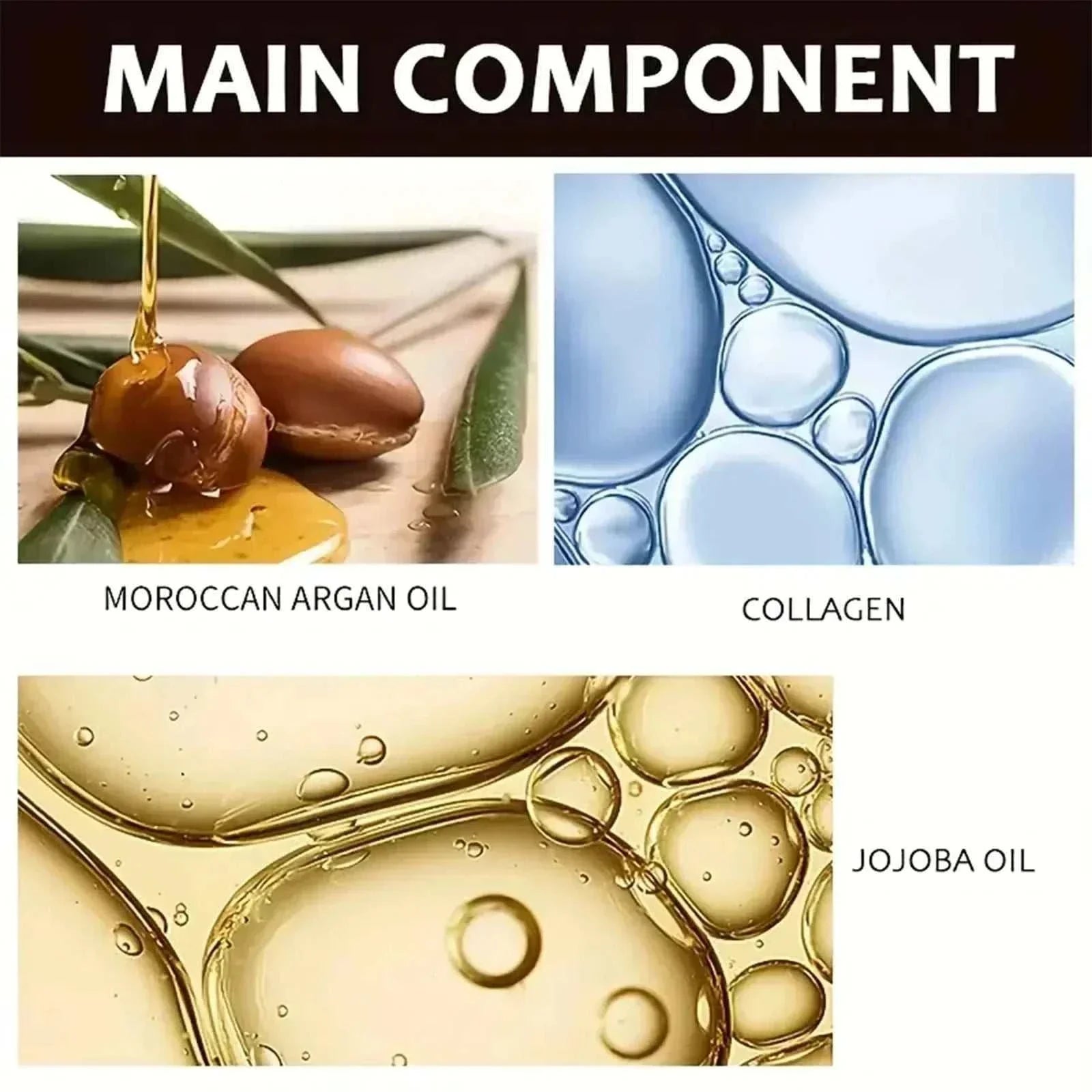 Close-up of Moroccan argan oil, collagen, and jojoba oil droplets highlighting main components of Keratine Magical Hair Mask.