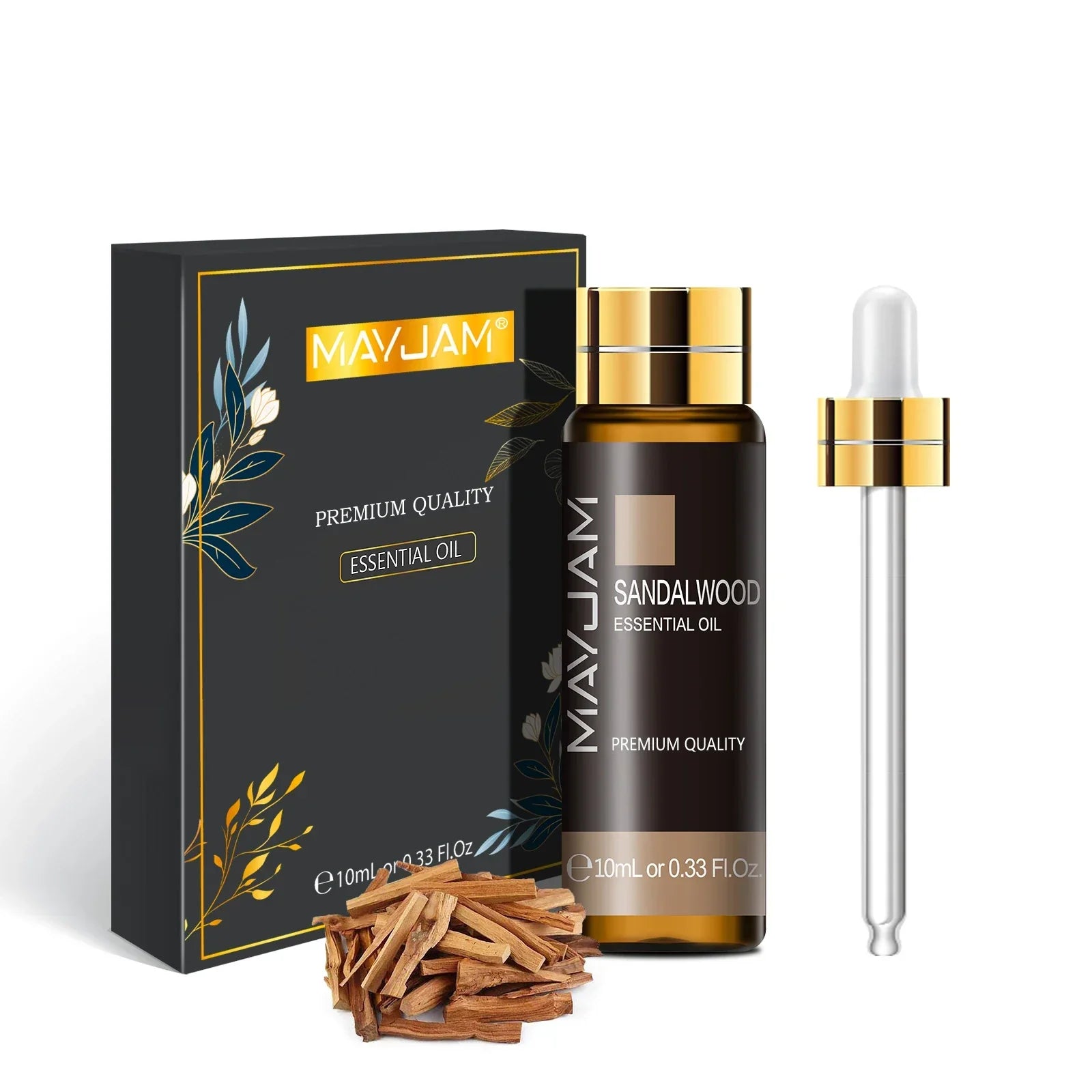 MAYJAM Sandalwood Essential Oil 10ml with dropper and premium packaging next to sandalwood chips